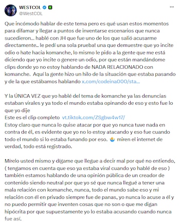 Captura de pantalla de una publicación en la red social X de la cuenta de WestCOL con un texto de aclaración sobre fondo blanco