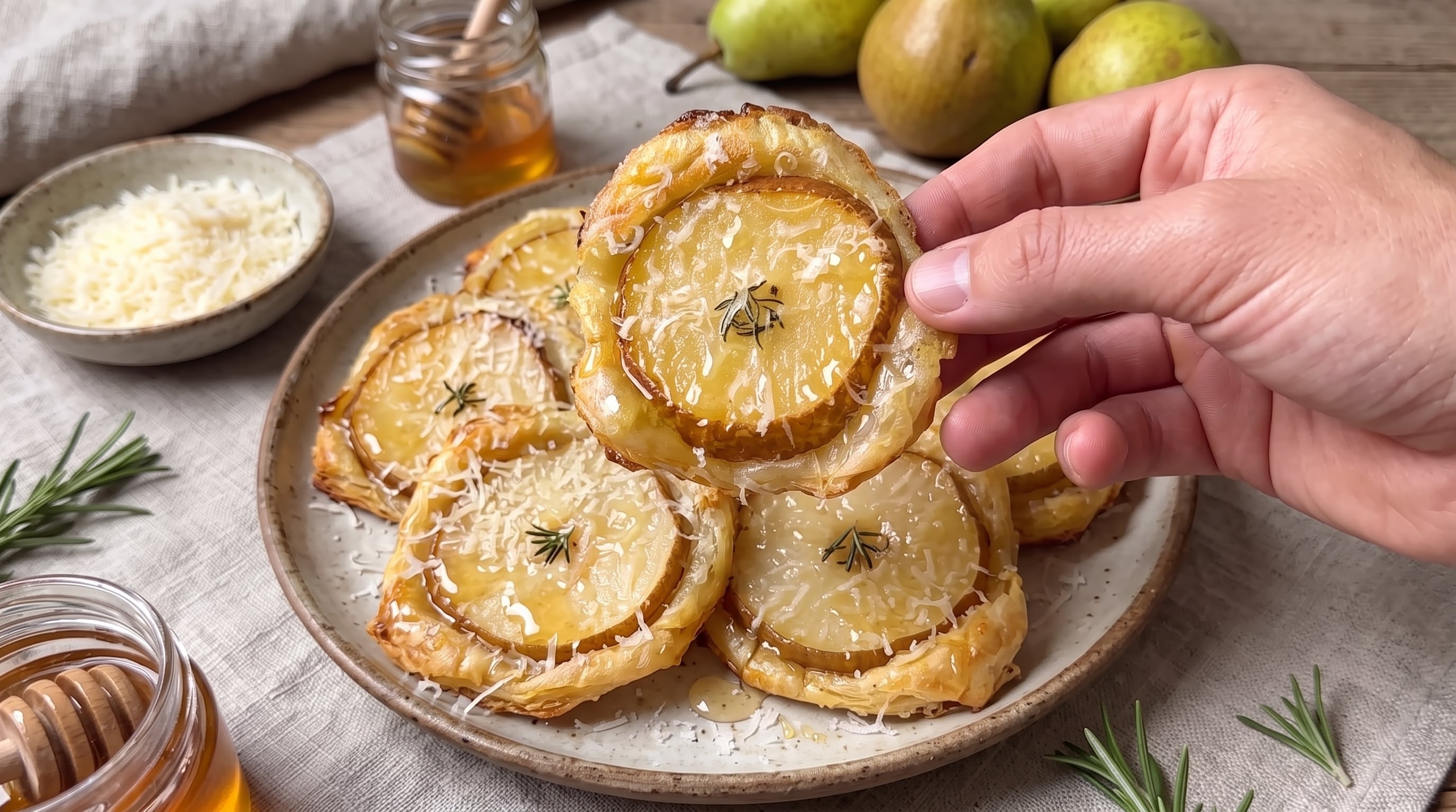 Una mano sostiene una porción de crujiente de pera horneada sobre un plato con varios aperitivos acompañados de miel, queso y romero. (Imagen Ilustrativa Infobae)
