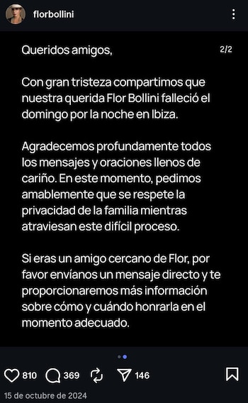 Captura de pantalla de un comunicado de Instagram del perfil florbollini sobre un fondo negro, anunciando el fallecimiento de Flor Bollini con texto blanco