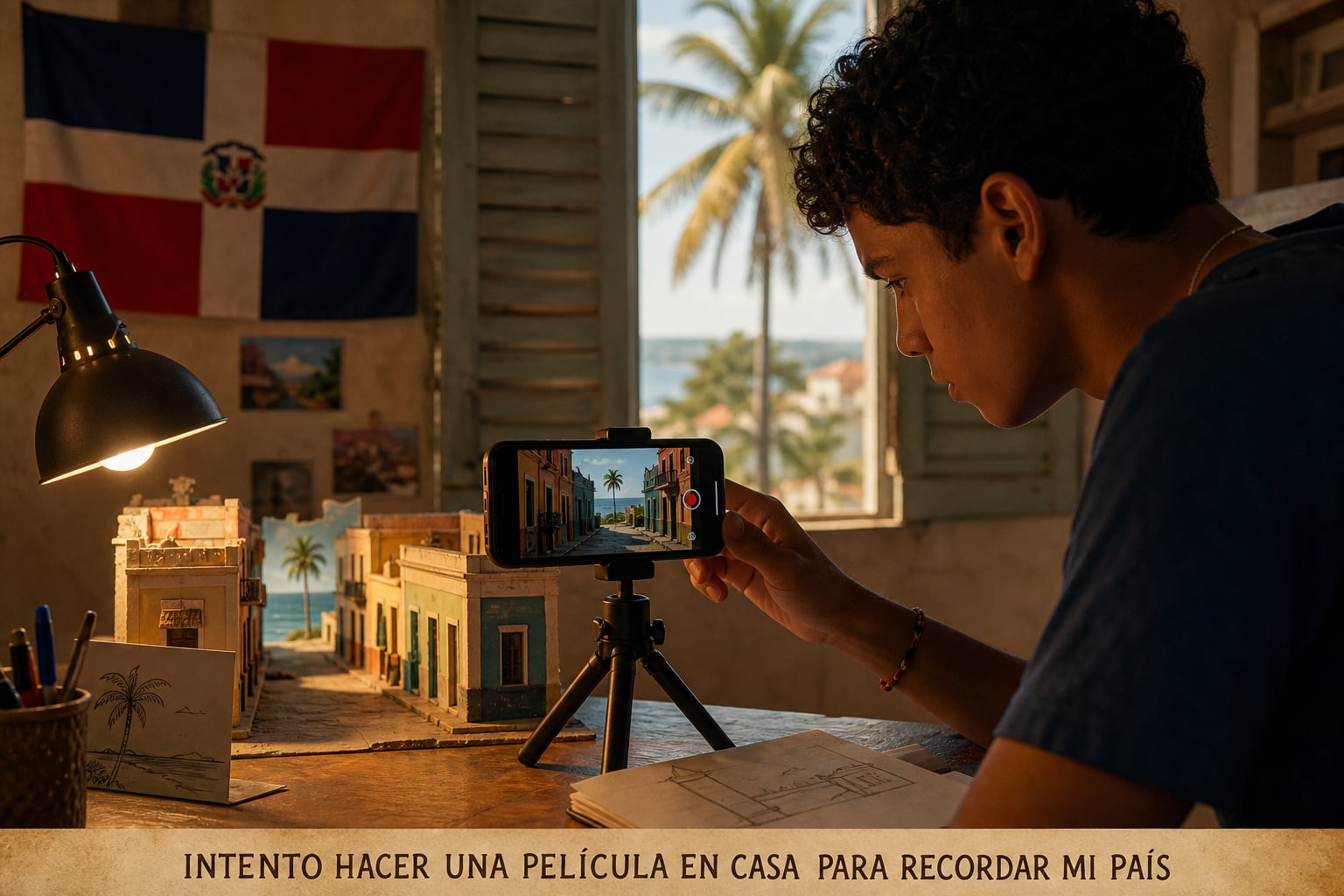 Un joven de República Dominicana utiliza un teléfono móvil sobre un trípode para grabar una maqueta en su hogar y realizar un proyecto audiovisual. (Imagen Ilustrativa Infobae)