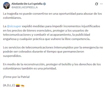 El presidente de la República sostuvo que los servicios de telecomunicaciones interrumpidos no podrán ser cobrados durante el tiempo que permanecieron suspendidos - crédito @ABDELAESPRIELLA/X