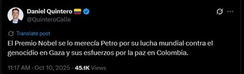 Daniel quintero sobre el premio de Nobel de Paz - captura de pantalla / X