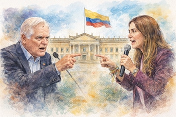 Ilustración en acuarela de Miguel Uribe Londoño y Paloma Valencia señalándose y hablando con micrófonos. De fondo, la Casa de Nariño y la bandera de Colombia.