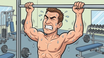 Ilustración de un hombre sudoroso de unos 30 años realizando una dominada en una barra de gimnasio, con expresión de esfuerzo intenso. Al fondo, equipo de gimnasio.