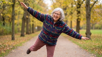 Una adulta mayor con chaqueta de polar estampada y gafas sonríe mientras se equilibra en una pierna en un sendero de tierra rodeado de árboles.