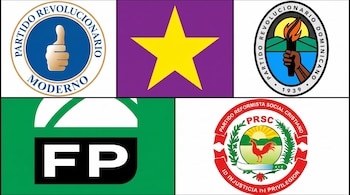 Una cuadrícula de cinco logos de partidos políticos, mostrando un pulgar arriba, una estrella, una mano con antorcha, las letras FP y un gallo.