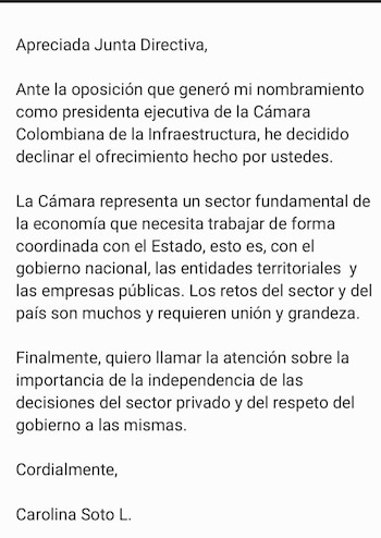 Carolina Soto Losada declinó el cargo y afirmó que el sector de infraestructura necesita trabajar de manera coordinada con el Estado - crédito @EspinosaRadio/X