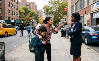 Una mujer con una camiseta floral y un niño con mochila verde discuten con una mujer de traje azul frente a una escuela en una calle de Nueva York