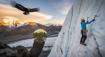 Montañista con equipo de escalada en hielo, cóndor volando, planta Puya Raimondi floreciendo, montañas nevadas y un glaciar.