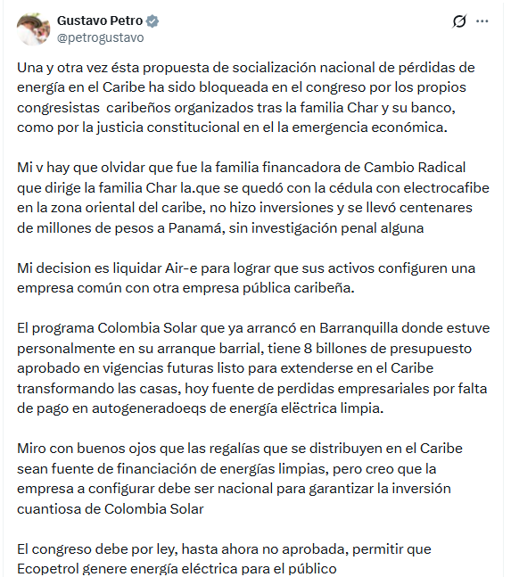 El primer mandatario dijo que liquidará la compañía Air-e para lograr que sus activos configuren una empresa común con otra pública de la región - crédito @petrogustavo/X