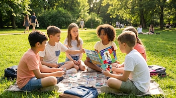 Seis niños y niñas sentados en una manta sobre el césped de un parque, intercambian figuritas del Mundial FIFA 2026 y miran un álbum bajo el sol.