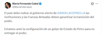 La excongresista reaccionó a la suspensión del empalme presidencial - crédito X