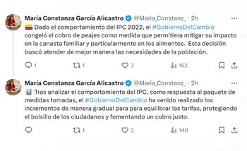 En redes sociales, la funcionaria explicó que el congelamiento de peajes respondió al aumento del IPC en 2022 - crédito @Maria_Constanz_/X