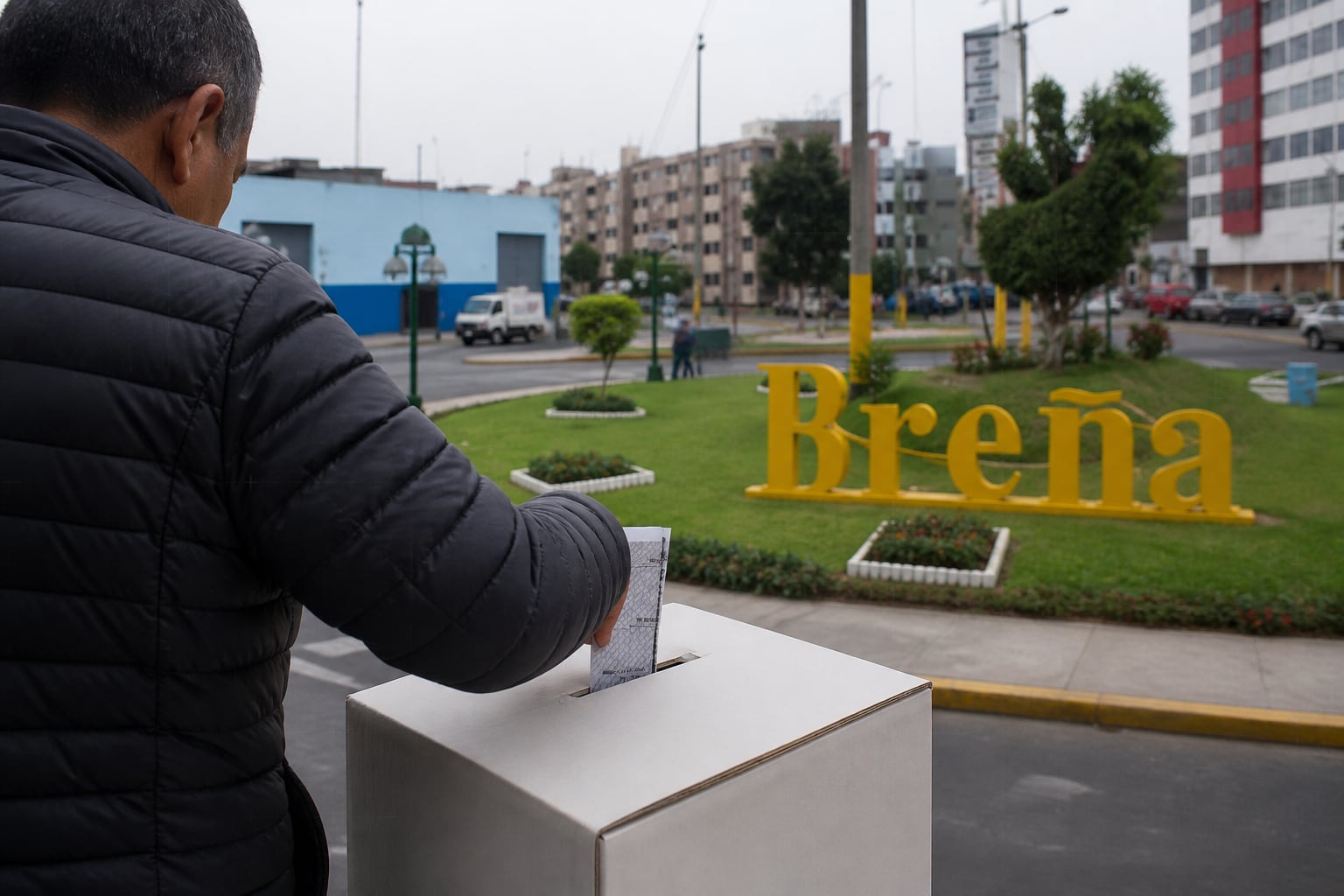 Un ciudadano deposita su cédula en un ánfora electoral con el letrero del distrito de Breña al fondo. (Imagen Ilustrativa Infobae)