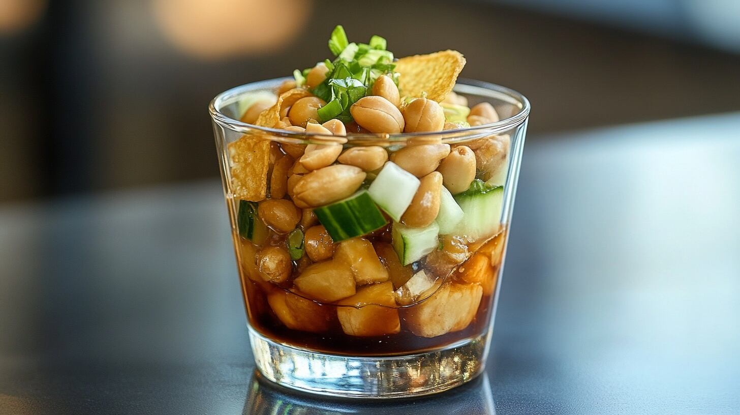 Un vaso pequeño con cacahuates, chips de papa y salsa de soya en el fondo, servido como un creativo