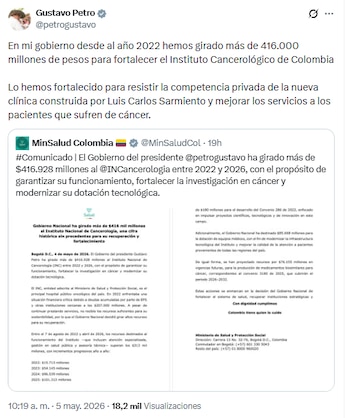 El jefe de Estado recordó que bajo su administración aumentó el apoyo financiero a entidades oncológicas - crédito @petrogustavo/X