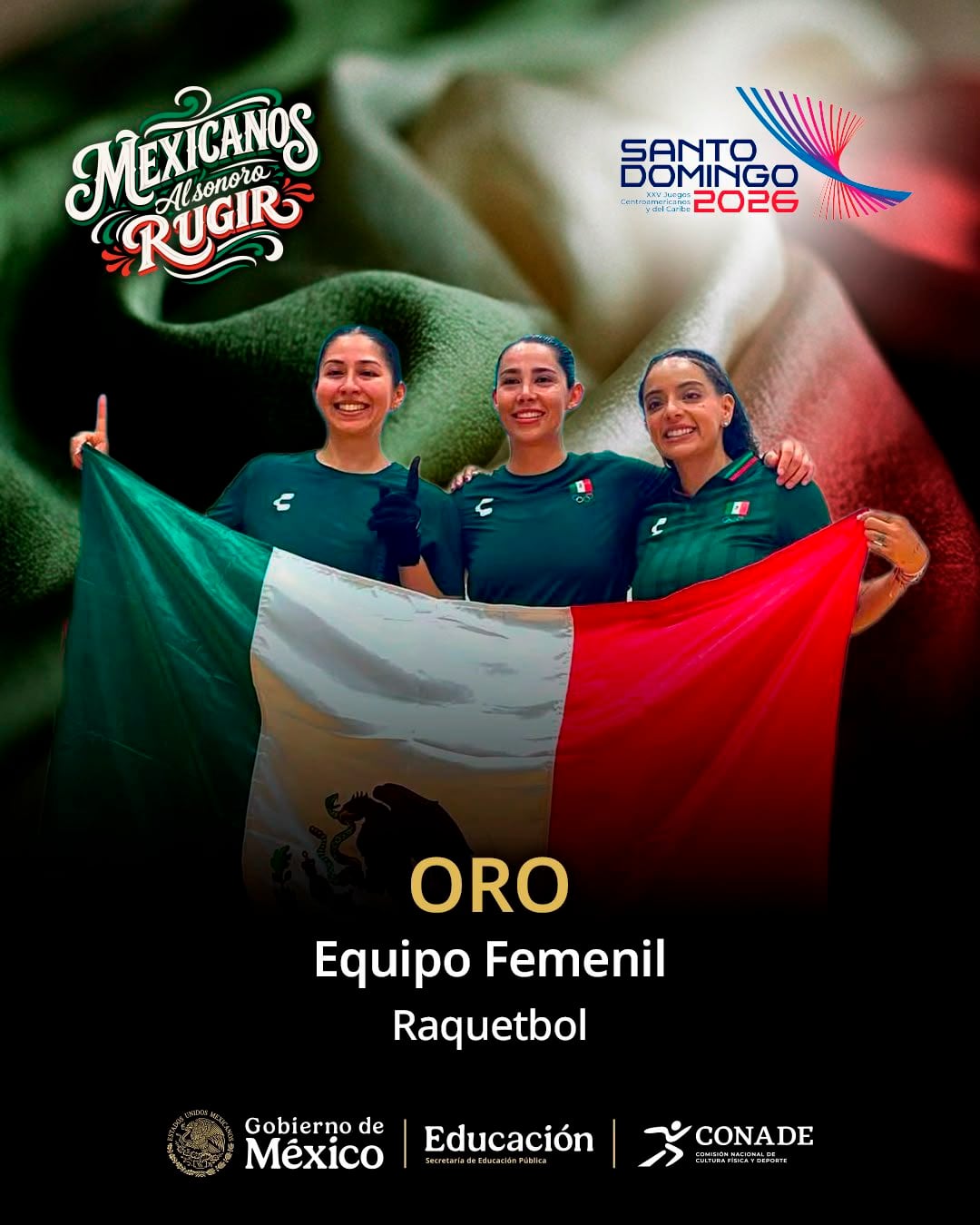 El equipo femenil mexicano de raquetbol celebra la obtención del oro en los Juegos Centroamericanos y del Caribe Santo Domingo 2026. (X / CONADE )