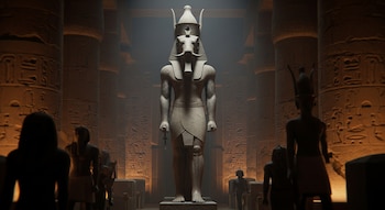 Estatua del dios Seth con cuerpo humano y cabeza animal, coronada, en un templo con columnas, jeroglíficos y varias figuras pequeñas.