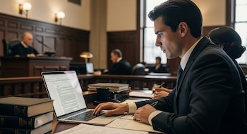Un hombre joven vestido de traje y corbata teclea en una laptop abierta, mientras escribe en un cuaderno en una sala de tribunal. Hay libros apilados y un juez en el fondo.