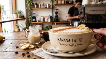 Una taza de café con la leyenda BANANA LATTE, rodajas de plátano, granos de café y una jarra sobre una mesa de madera.