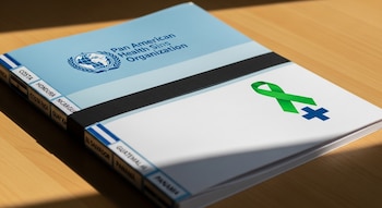 Expediente médico cerrado con logo de la OPS y símbolo verde de salud mental, con etiquetas de países centroamericanos en el borde, sobre escritorio de madera clara.