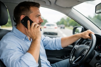 Un hombre usa un teléfono celular con su mano derecha mientras conduce un automóvil con la mano izquierda, visto desde el asiento del pasajero.