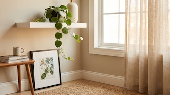 Una repisa blanca con una planta verde, un cuadro botánico en el suelo, un banco de madera con libros y una ventana con cortinas de lino.