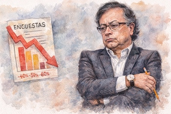 Ilustración en acuarela de Gustavo Petro con gafas y traje, su expresión es grave. A su lado, un gráfico con la palabra "ENCUESTAS" y una flecha roja descendente.
