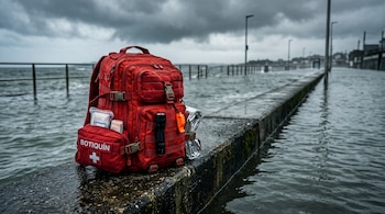 Mochila roja con botiquín, linterna y manta térmica sobre un muro de hormigón en un paseo marítimo inundado bajo el cielo nublado.