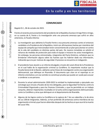 Fiscalía responde sobre el supuesto plan para asesinar al presidente Petro.