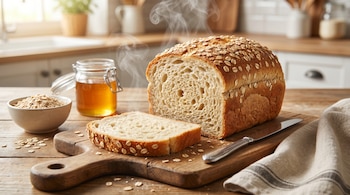 Un pan de avena caliente con una rebanada cortada y vapor, sobre una tabla de madera con un cuchillo, avena y miel en una cocina luminosa.