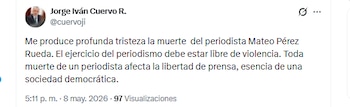 El ministro de Justicia, Jorge Iván Cuervo, rechazó el asesinato del periodista Mateo Pérez - crédito @cuervoji/X
