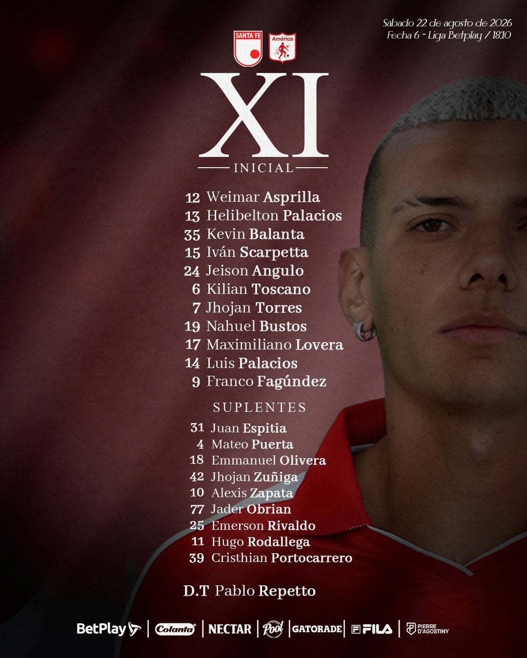 Formación de Santa Fe contra el América de Cali en El Campín por la Liga BetPlay - crédito Santa Fe