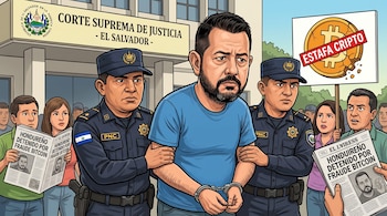Hombre esposado escoltado por dos policías de El Salvador frente a la Corte Suprema de Justicia. Ciudadanos con periódicos y cartel sobre estafa cripto observan.