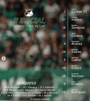 Esta fue la alineación titular y los suplentes del Deportivo Cali ante Alianza Lima de Perú - crédito Deportivo Cali