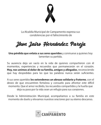 Comunicado de la Alcaldía del Campamento sobre el fallecimiento de Jhon Hernández- crédito Alcaldía del Campamento