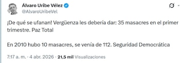 Álvaro Uribe questiona política de “Paz Total” após publicação de reportagem sobre massacres – crédito @AlvaroUribeVel/ X