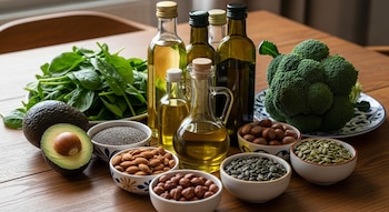 Una mesa de madera con botellas de aceite de girasol y oliva, cuencos de almendras, avellanas, semillas, espinaca fresca, brócoli y palta cortada.