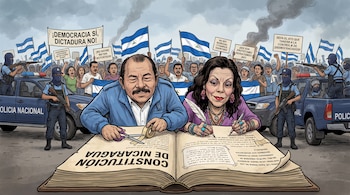 Daniel Ortega, Rosario Murillo, Constitución de Nicaragua, tijeras, pluma, manifestantes, banderas nicaragüenses, policía, armas y vehículos policiales.