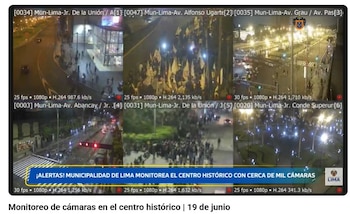 Grid de seis vistas de cámaras de vigilancia mostrando calles, vehículos, personas y edificios de noche en Lima, con un banner informativo en la parte inferior