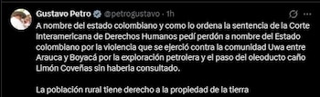 El presidente Gustavo Petro reiteró en redes sociales el perdón en nombre del Estado colombiano al pueblo U’wa, en cumplimiento de la sentencia de la Corte Interamericana de Derechos Humanos por las afectaciones derivadas de la exploración petrolera - crédito Gustavo Petro/X
