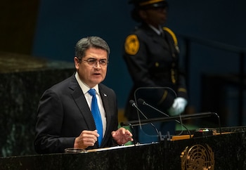 FILE — President Juan Orlando Hernández of Honduras addresses the United Nations General Assembly, Sept. 25, 2019. Hernández, who just nine months ago was serving a 45-year sentence in the United States on drug trafficking and weapons charges before being pardoned by President Donald Trump, was cleared of the remaining criminal charges against him in Honduras on Tuesday, Sept. 1, 2026. (Brittainy Newman/The New York Times)