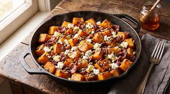 Cubos de calabaza asada con panceta, queso feta y semillas en una sartén de hierro fundido, junto a un tenedor y un frasco de miel.