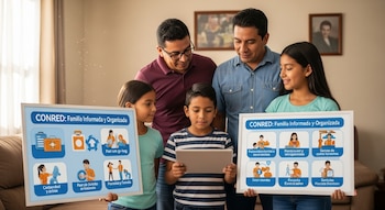 Una familia de cuatro personas, dos adultos y dos niños, sostiene dos carteles de CONRED sobre preparación ante emergencias, y un niño mira una tableta.