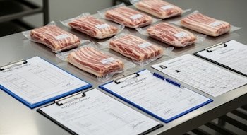 Diez paquetes de tocino crudo sellado al vacío sobre una mesa metálica, con tres documentos de inspección en portapapeles y un bolígrafo azul.