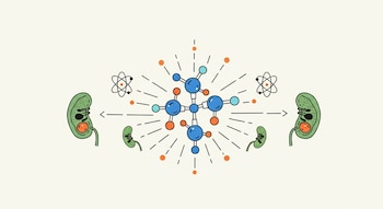 Ilustración de una molécula de glutatión central con esferas azules y rojas, irradiando energía hacia dos pares de mitocondrias verdes a los lados.