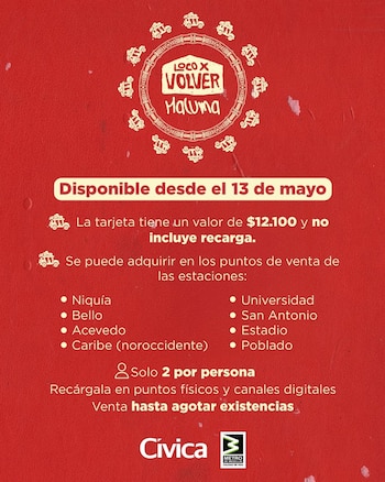 A edição especial do cartão Cívica pode ser encontrada em oito grandes estações do Metrô - crédito @metrodemedellin/ Instagram