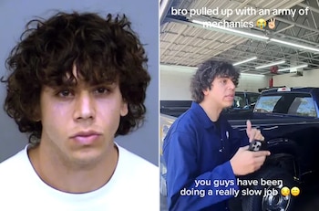 Ficha policial de un joven de cabello rizado a la izquierda y fotograma de un video en un taller mecánico a la derecha