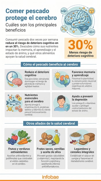 Infografía con ilustraciones que muestran un cerebro, pescado, elementos químicos como omega-3, relojes, rompecabezas, alimentos como frutas, frutos secos y cereales.