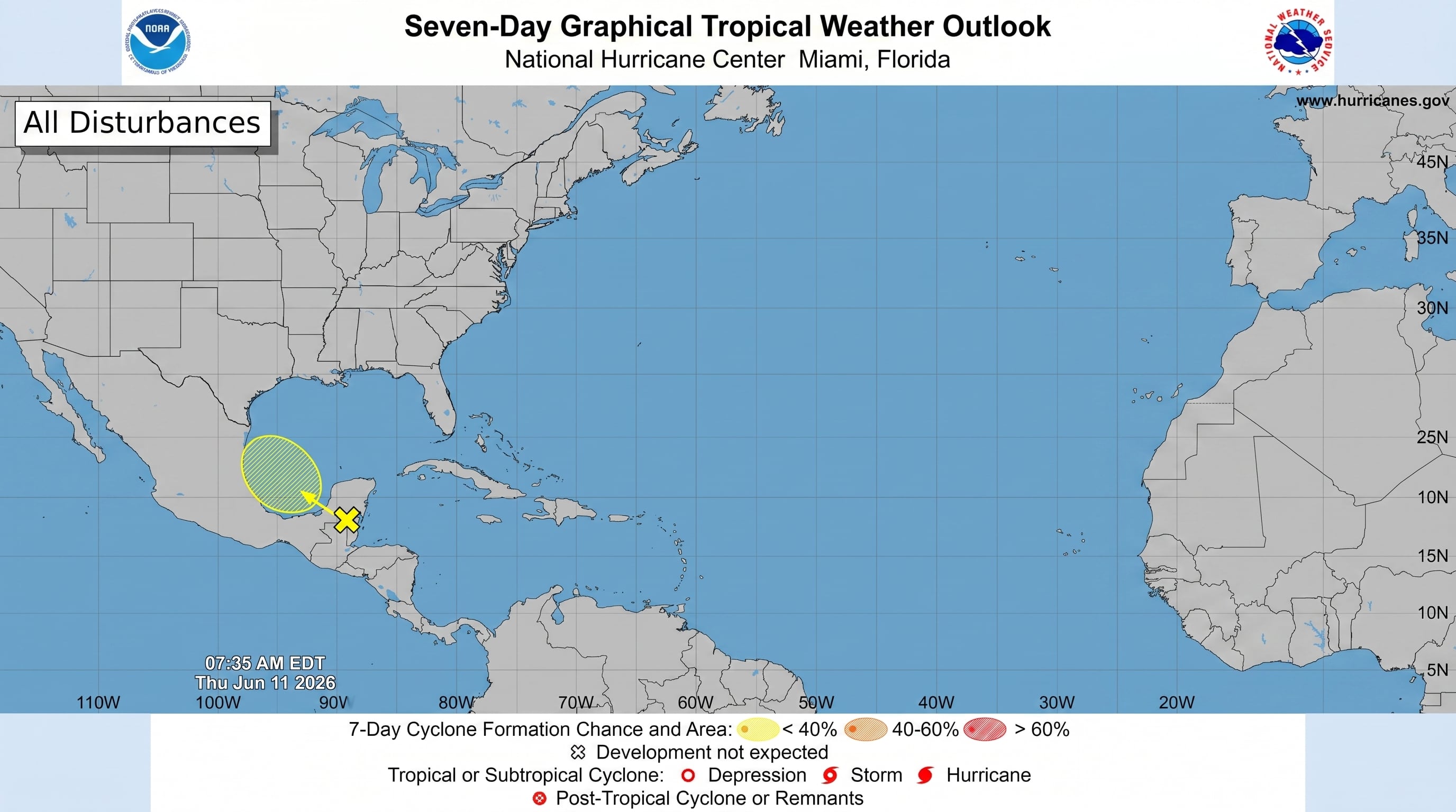 El NHC informó que la perturbación en la Bahía de Campeche tiene bajo potencial de desarrollo y no implica un riesgo inmediato para Estados Unidos ni el Caribe. (Imagen Ilustrativa Infobae)